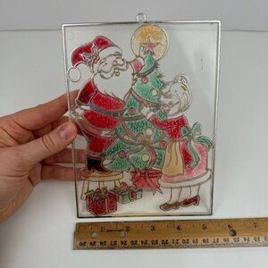 Vtg Retro Mr Mrs Santa Claus Christmas Plastic Faux Stained Glass Suncatcher